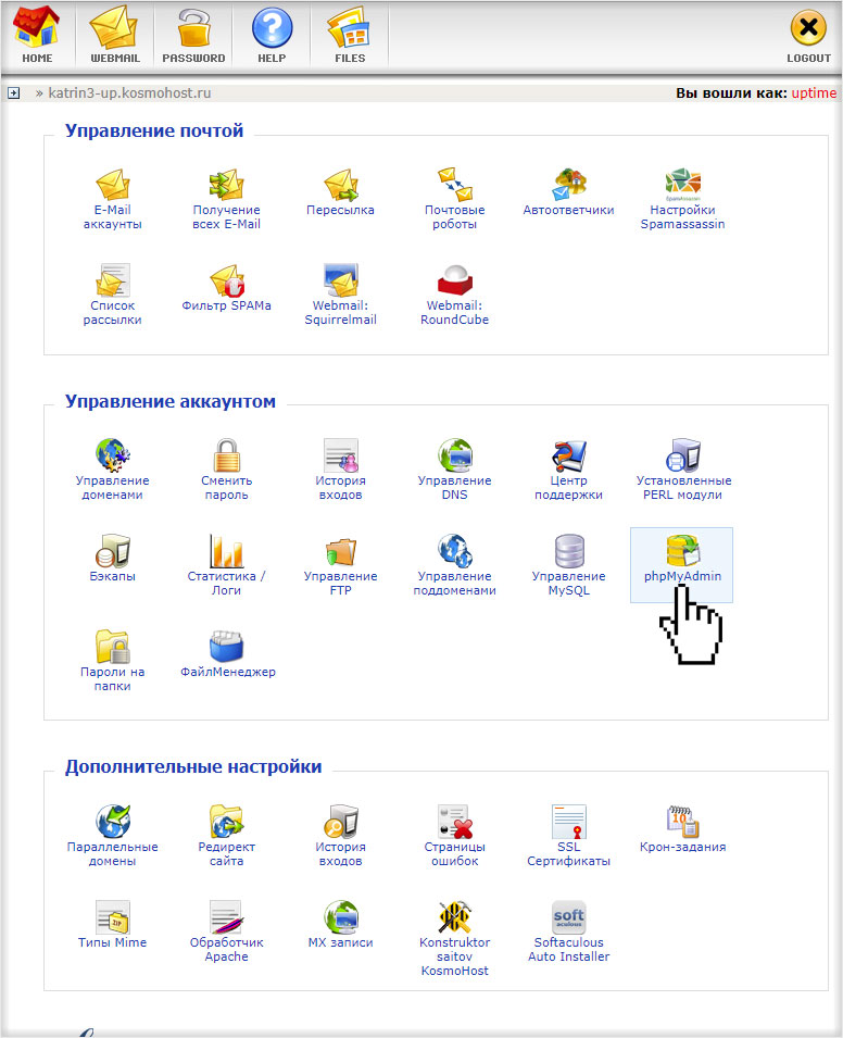 Переход к пункту phpMyAdmin в главном меню панели DirectAdmin