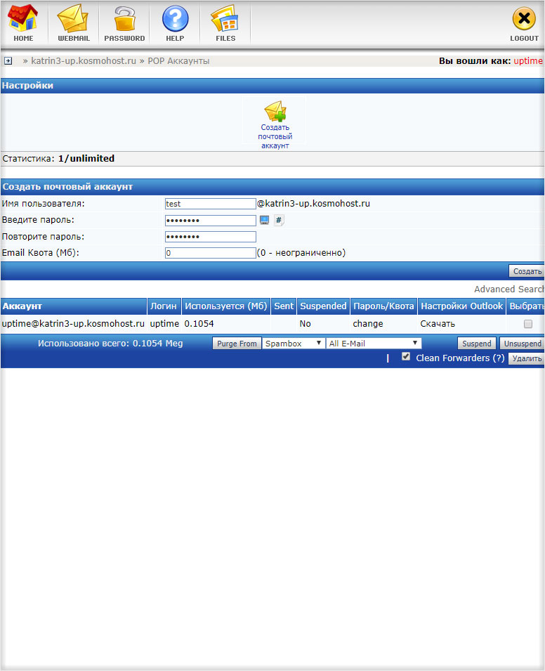 Ввод данных от ящика e-mail в DirectAdmin