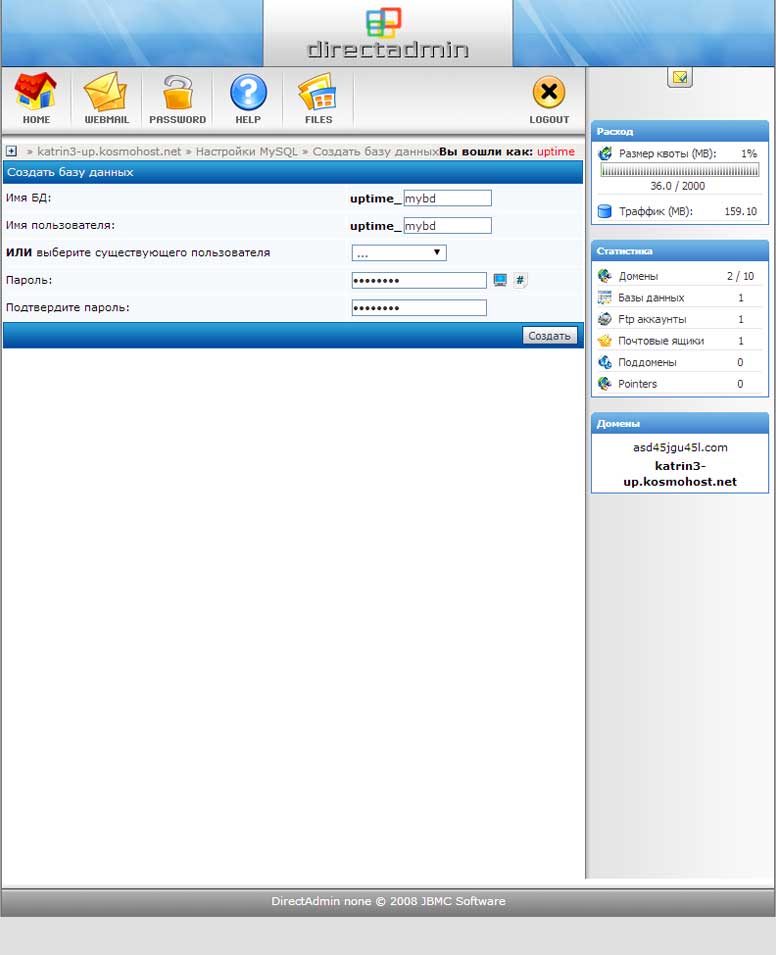 Ввод параметров БД MySQL в панели DirectAdmin