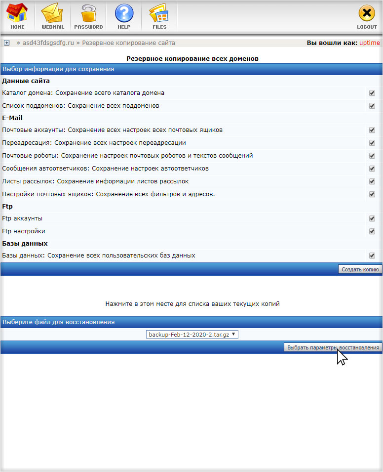 Запуск восстановления пользовательской резервной копии на хостинге с DirectAdmin