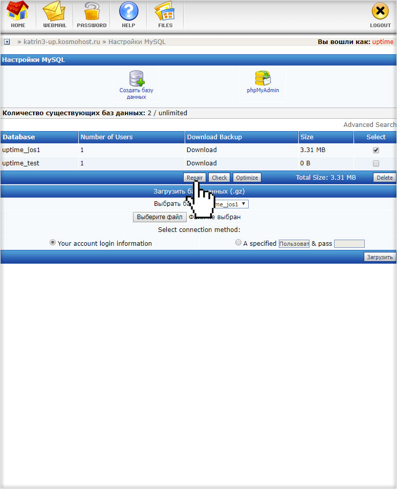 Восстановление базы MySQL из DirectAdmin