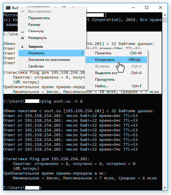 Копирование результата команды ping